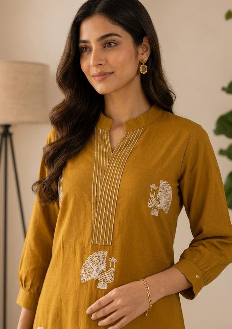 Mustard Embroidered Cotton Kurta Set - Indya