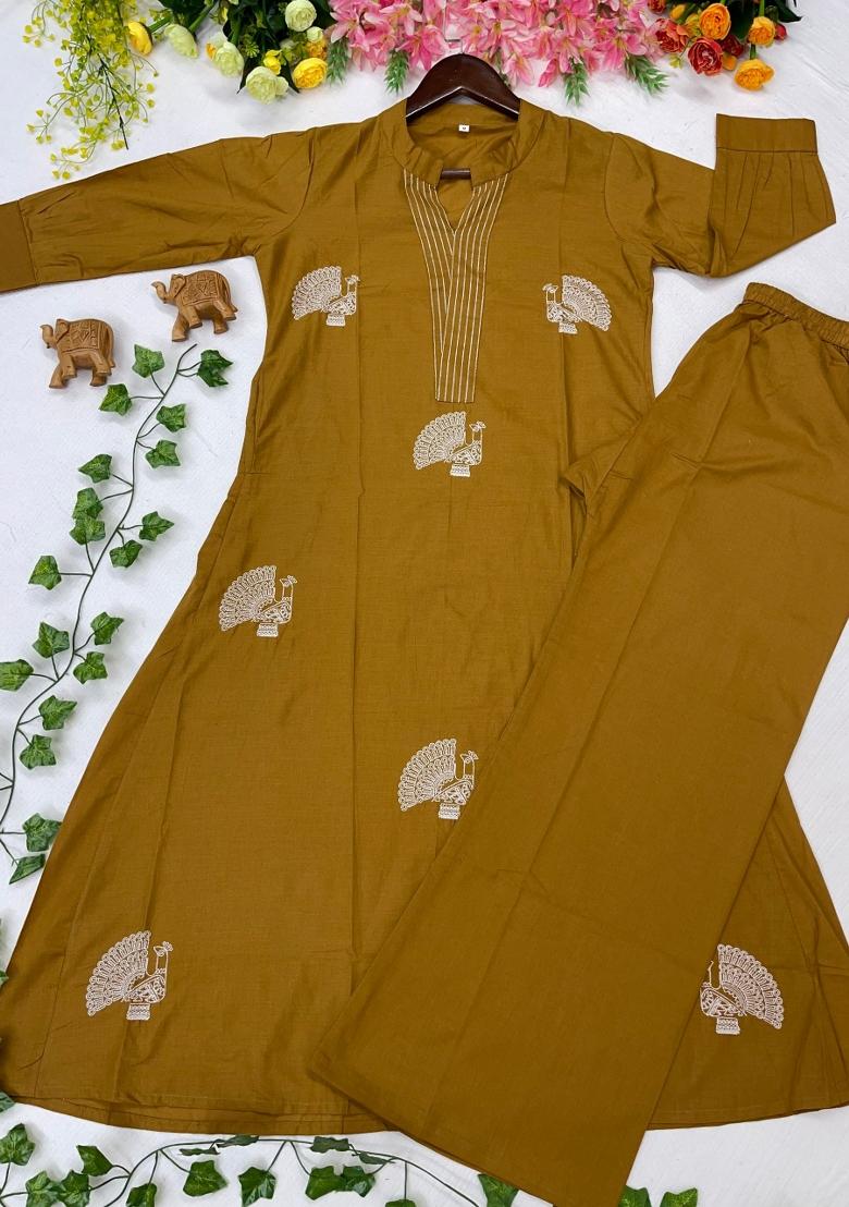 Mustard Embroidered Cotton Kurta Set - Indya