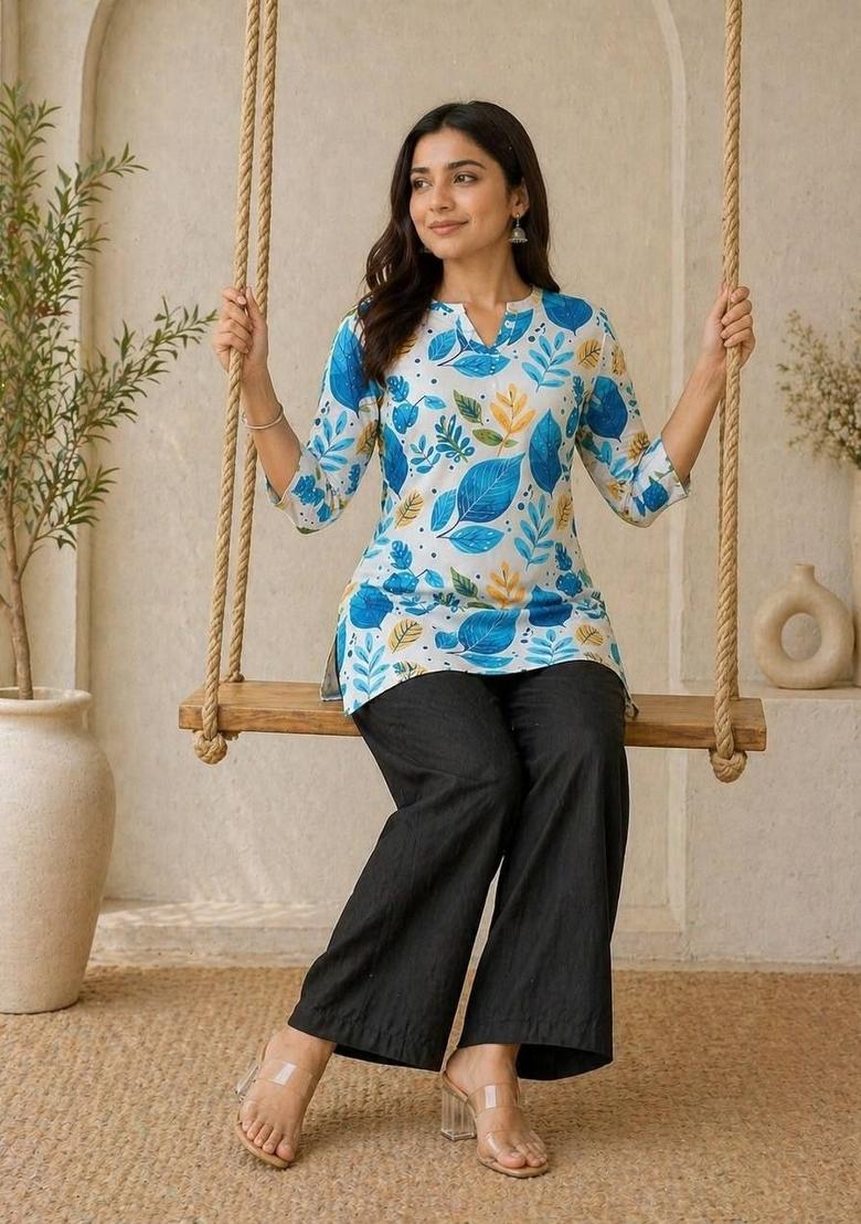 Blue Printed Rayon Kurta Set - Indya