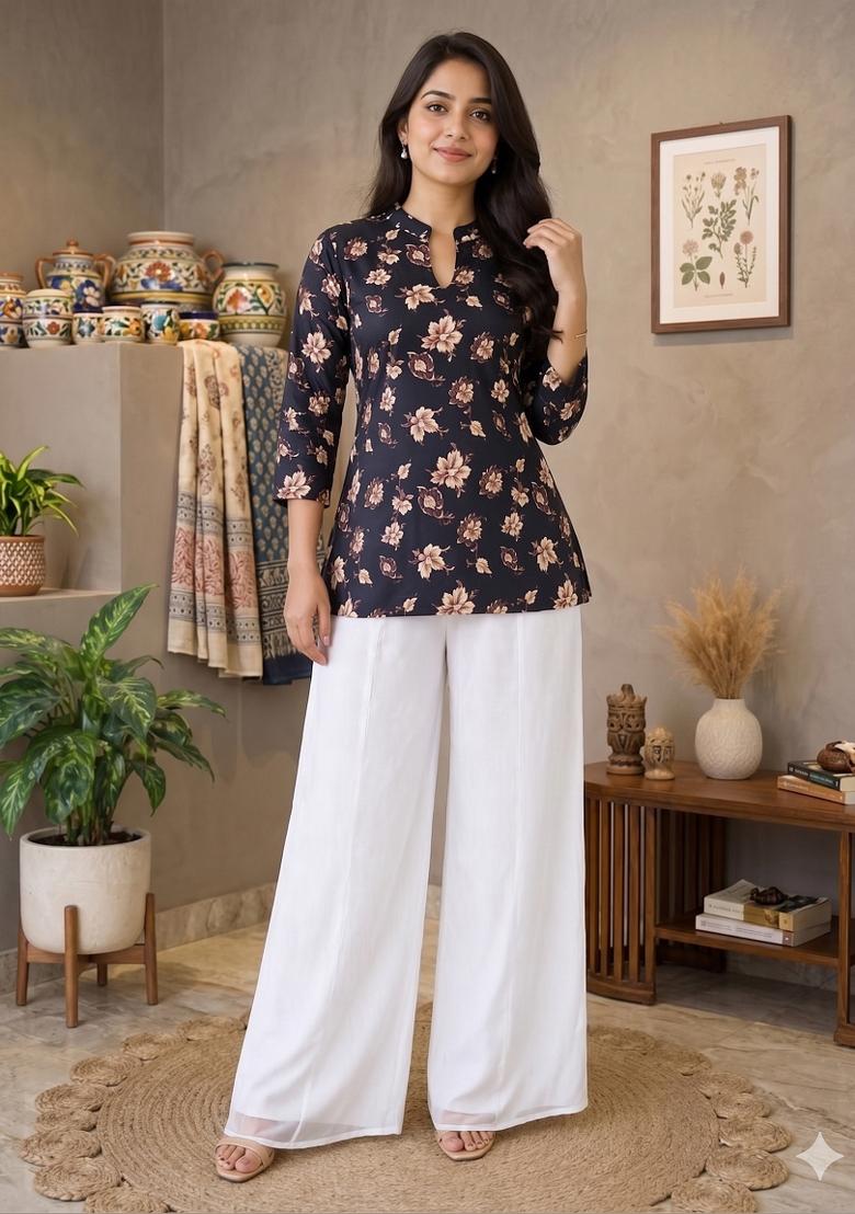 Black Printed Rayon Kurta Set - Indya