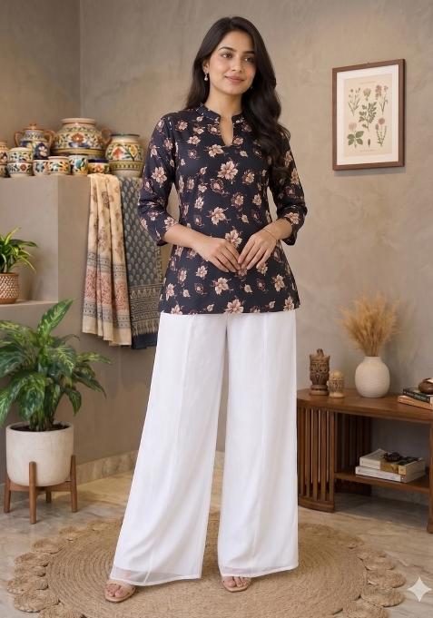 Black Printed Rayon Kurta Set