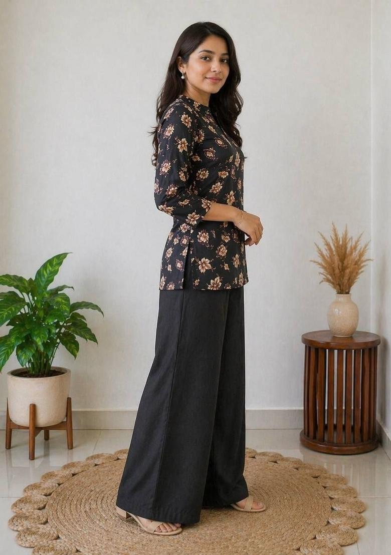 Black Printed Rayon Kurta Set - Indya