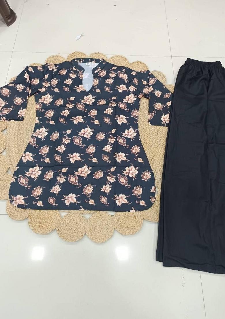 Black Printed Rayon Kurta Set - Indya