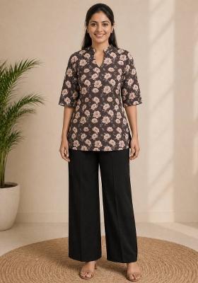 Brown Printed Rayon Kurta Set