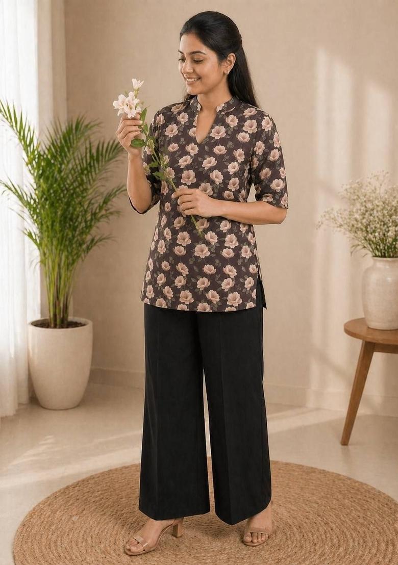Brown Printed Rayon Kurta Set - Indya