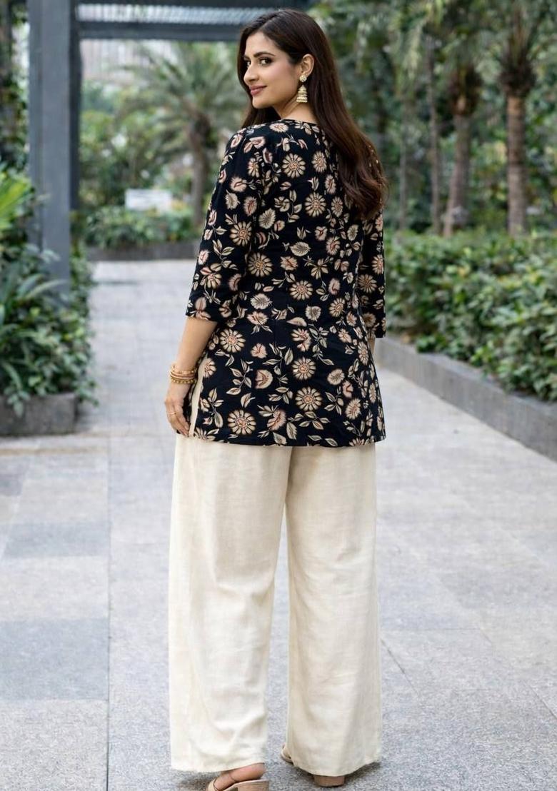 Black Printed Rayon Kurta Set - Indya