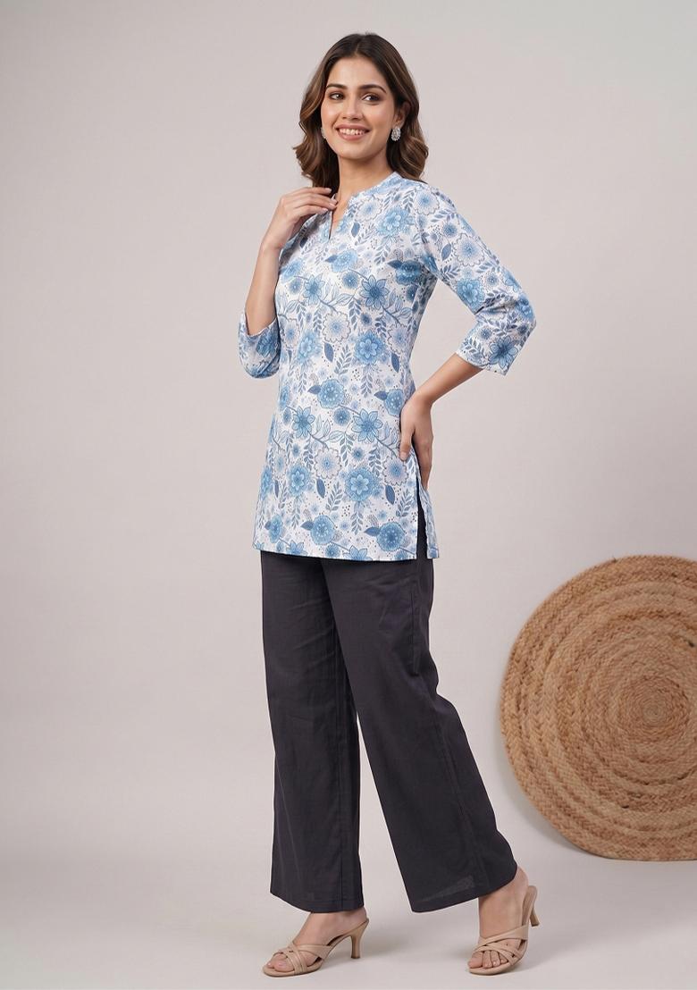 Blue Printed Rayon Kurta Set - Indya