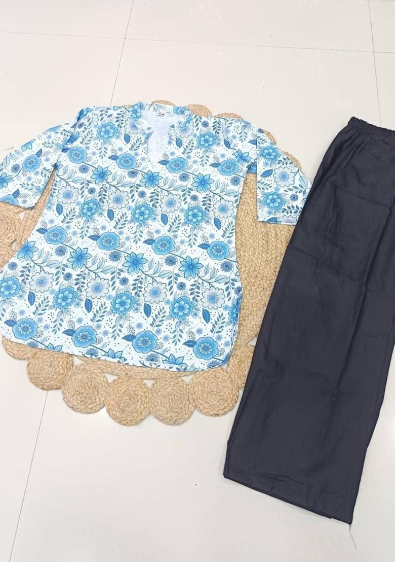 Blue Printed Rayon Kurta Set - Indya