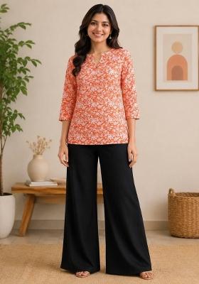Orange Printed Rayon Kurta Set
