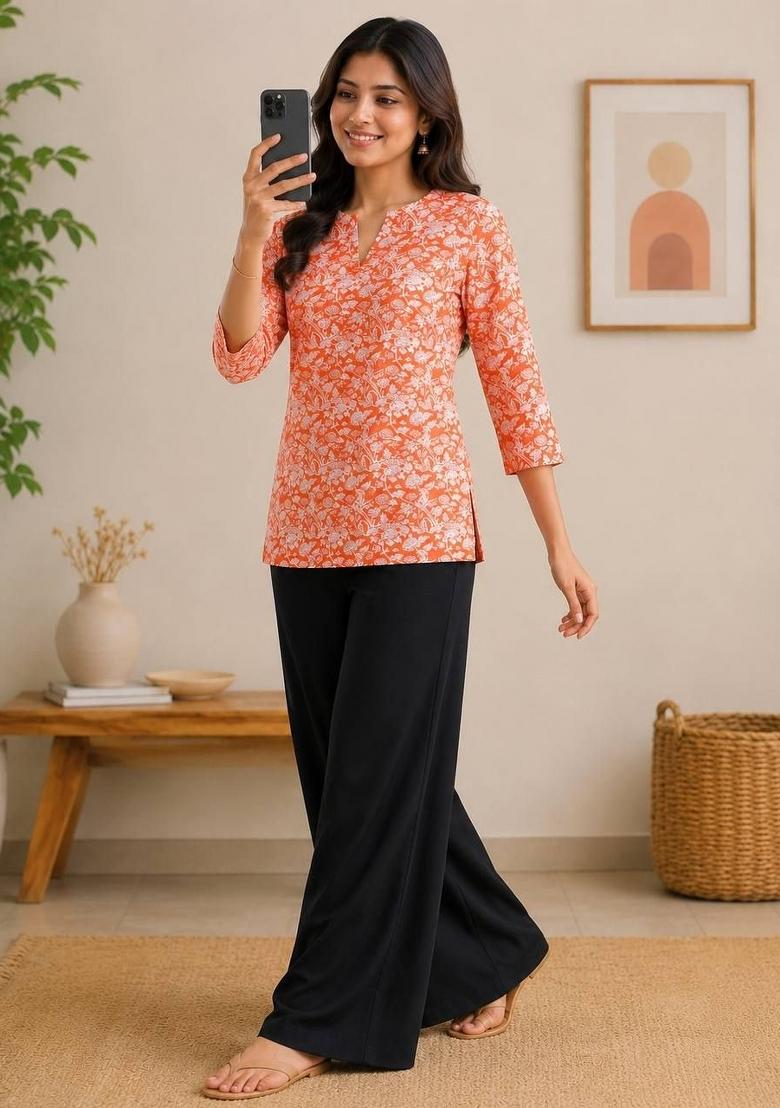 Orange Printed Rayon Kurta Set - Indya