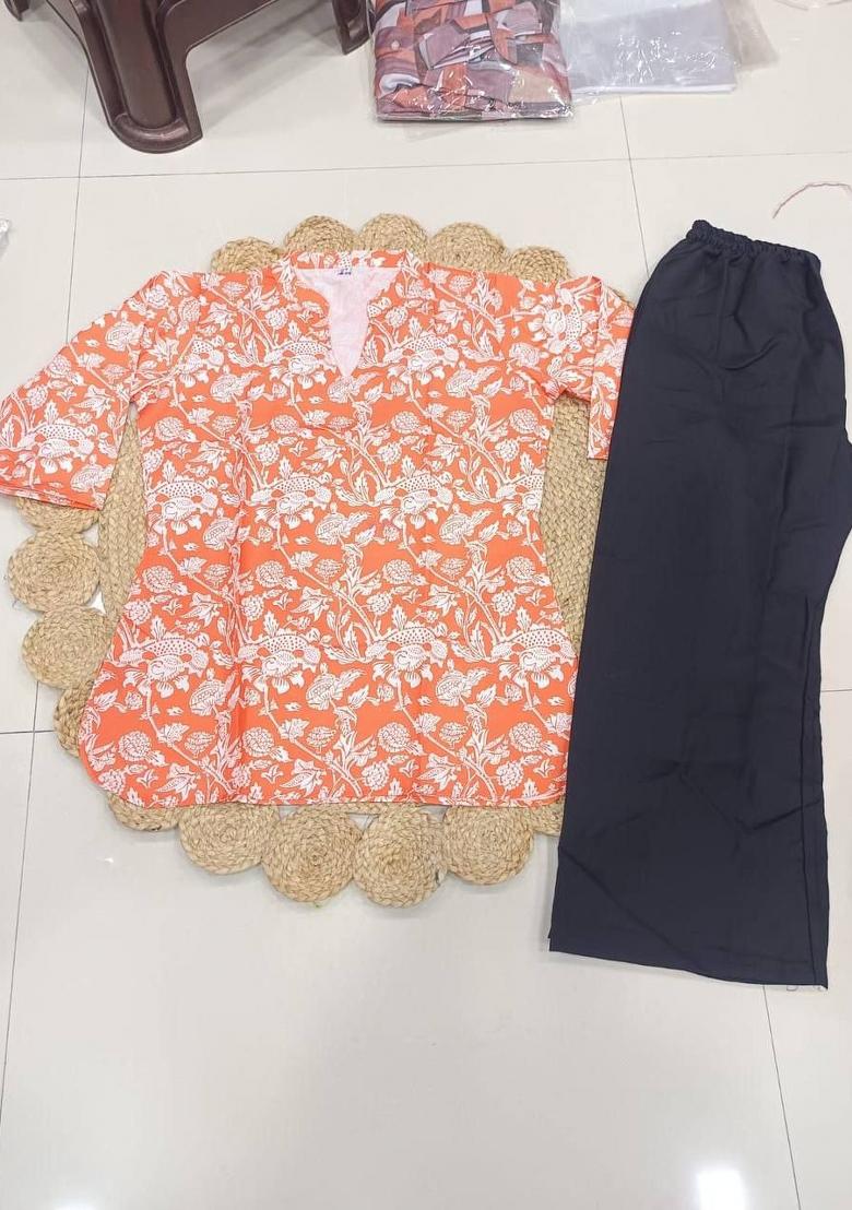 Orange Printed Rayon Kurta Set - Indya