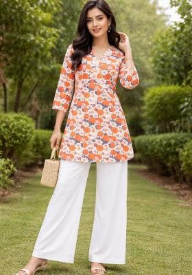 Orange Printed Rayon Kurta Set