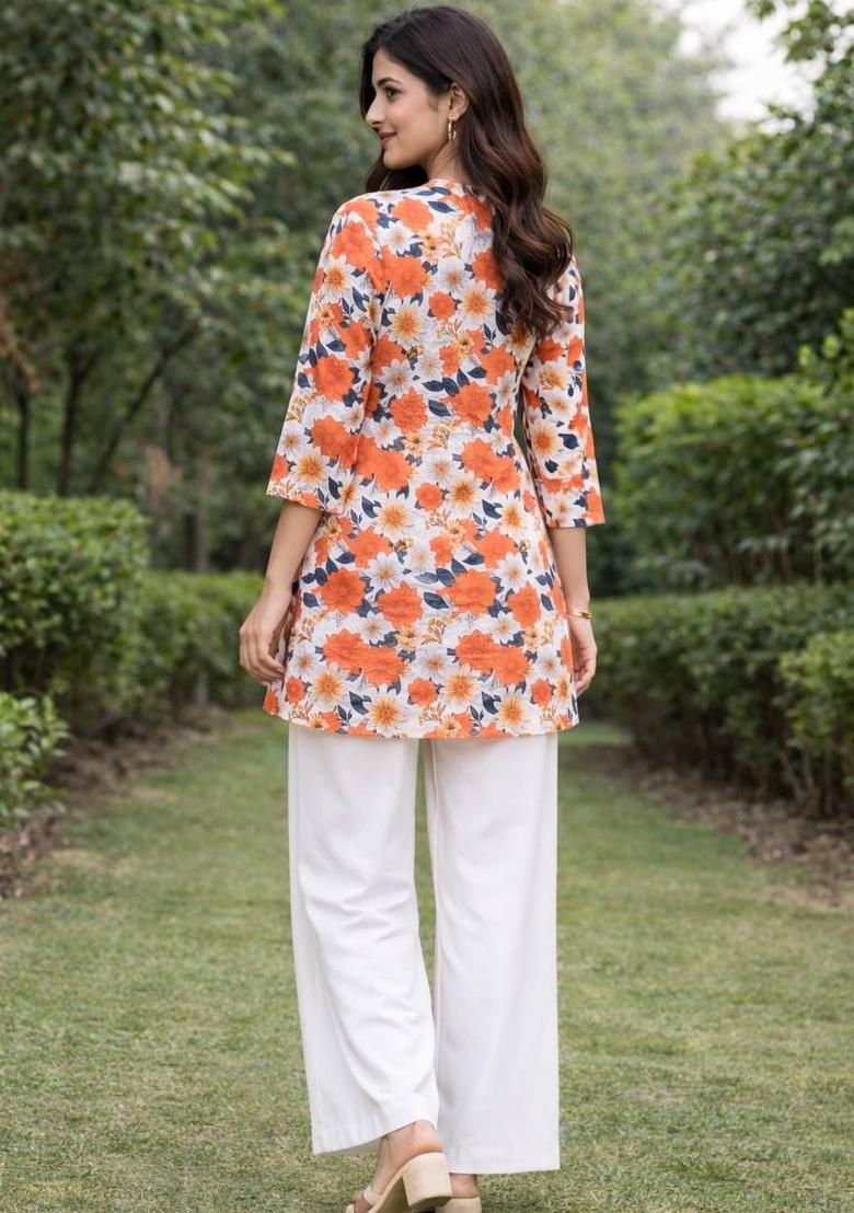 Orange Printed Rayon Kurta Set - Indya