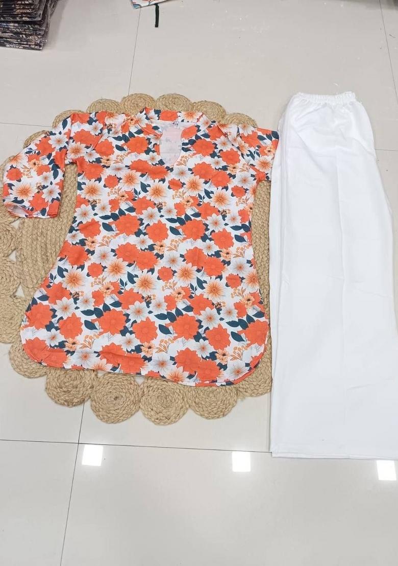 Orange Printed Rayon Kurta Set - Indya