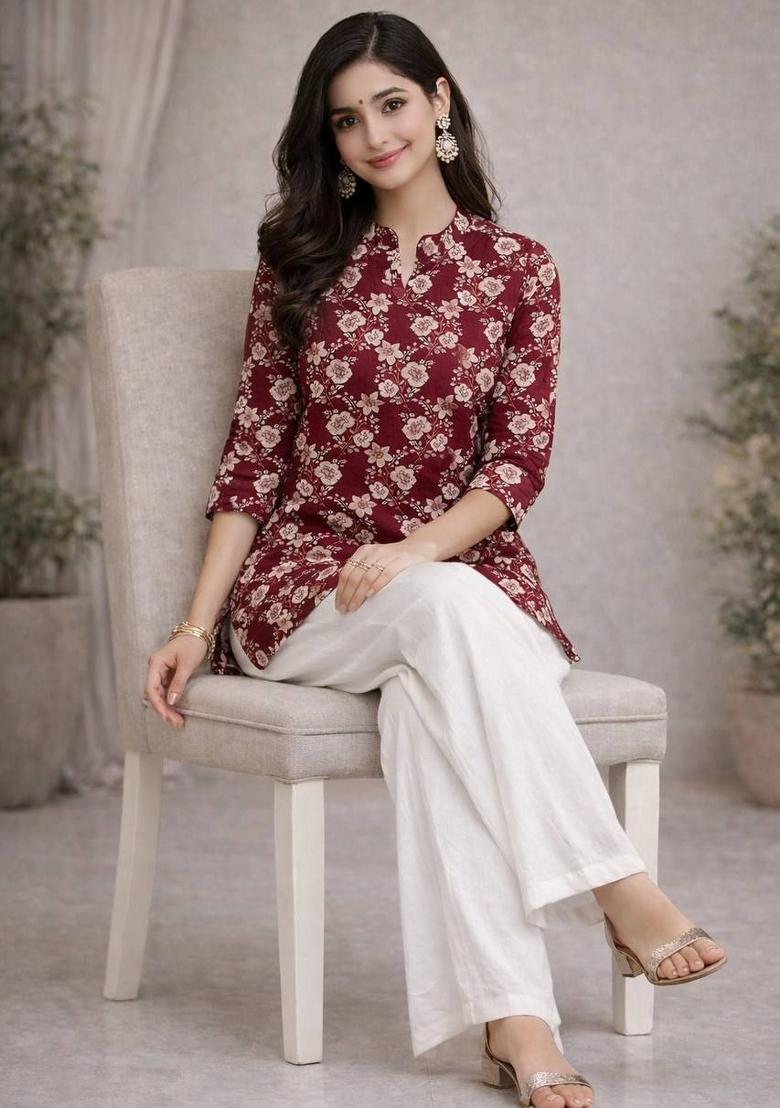 Red Printed Rayon Kurta Set - Indya