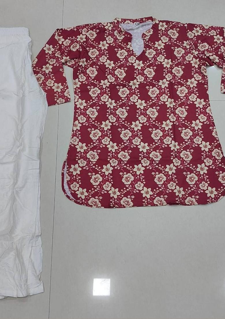 Red Printed Rayon Kurta Set - Indya