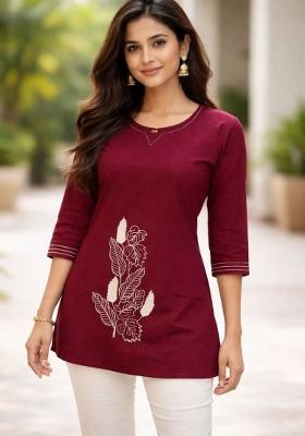 Wine Embroidered Cotton Kurta Set