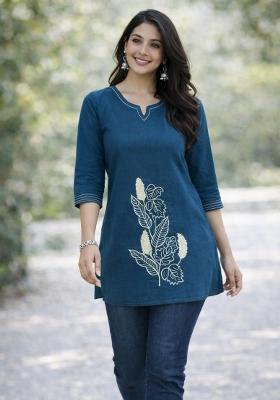 Blue Embroidered Cotton Kurta Set