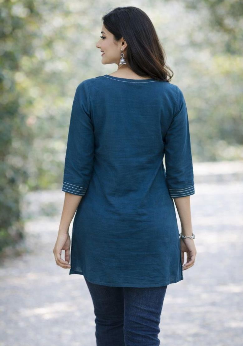 Blue Embroidered Cotton Kurta Set - Indya
