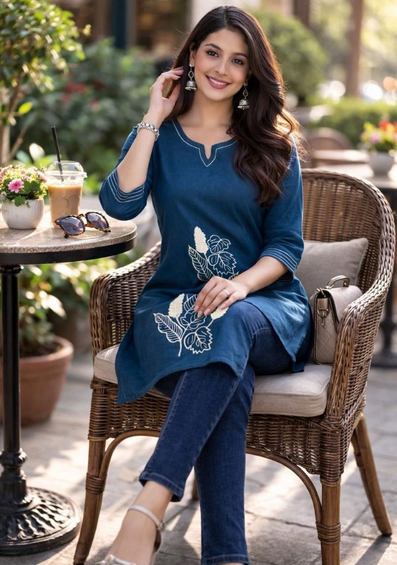Blue Embroidered Cotton Kurta Set - Indya