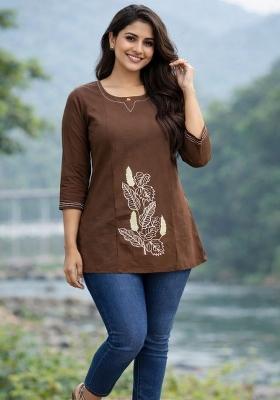 Brown Embroidered Cotton Kurta Set