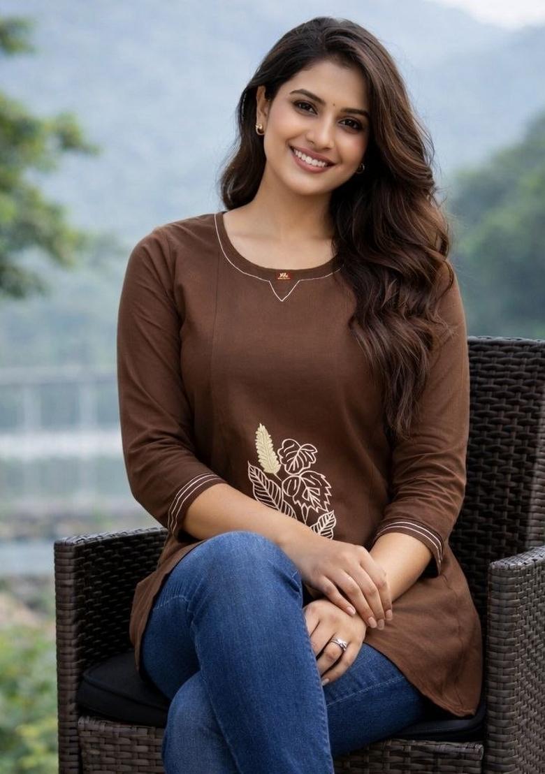 Brown Embroidered Cotton Kurta Set - Indya