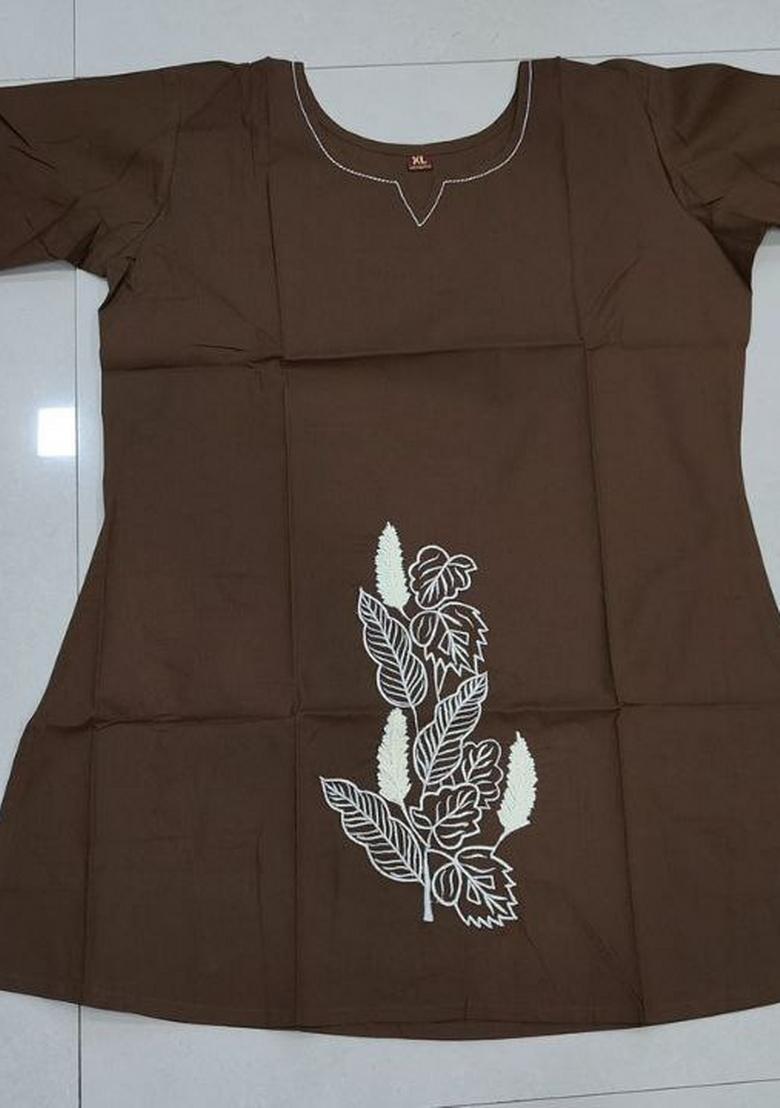 Brown Embroidered Cotton Kurta Set - Indya