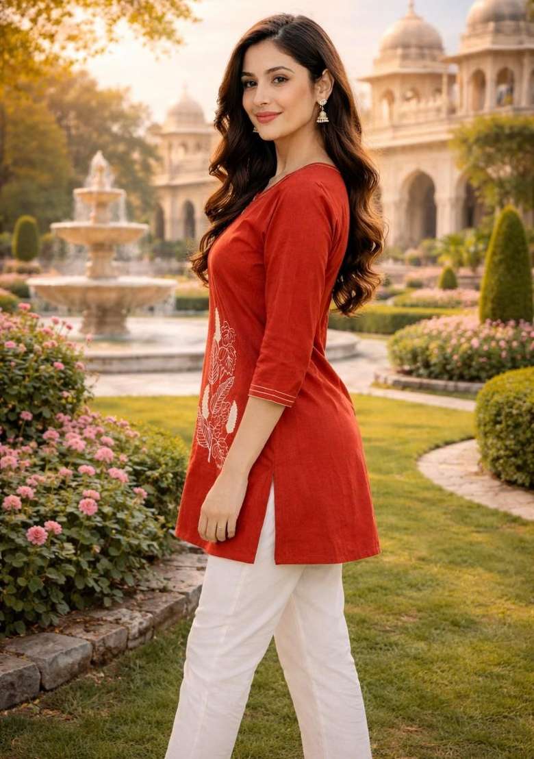 Orange Embroidered Cotton Kurta Set - Indya