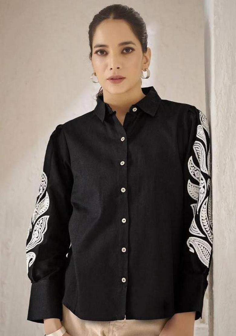 Black Embroidered Cotton Kurta Set - Indya