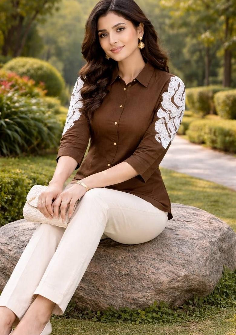 Brown Embroidered Cotton Kurta Set - Indya