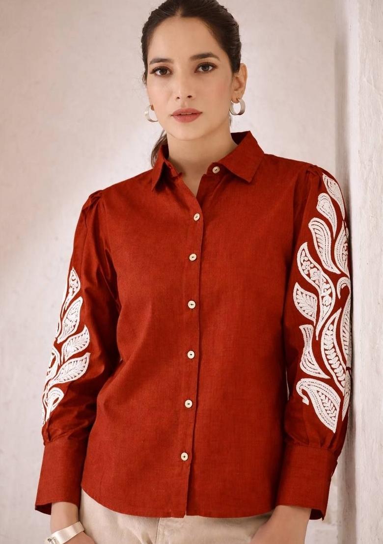 Orange Embroidered Cotton Kurta Set - Indya