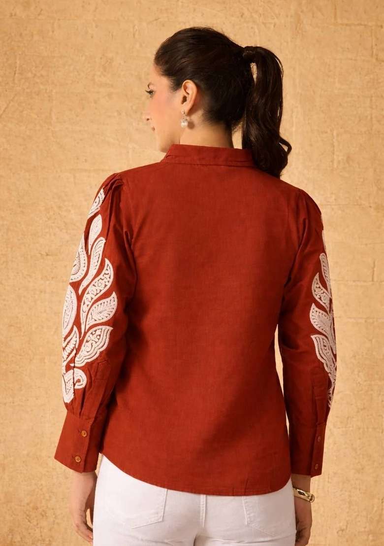 Orange Embroidered Cotton Kurta Set - Indya