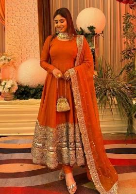Orange Embroidered Cotton Kurta Set