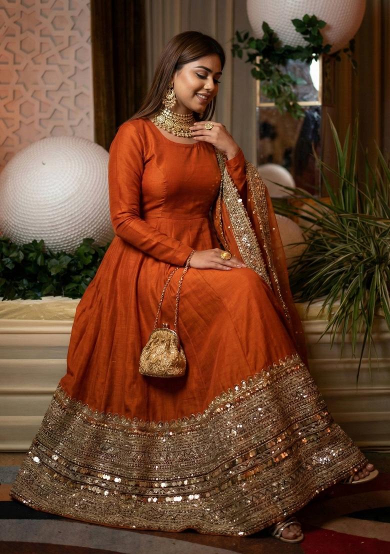 Orange Embroidered Cotton Kurta Set - Indya