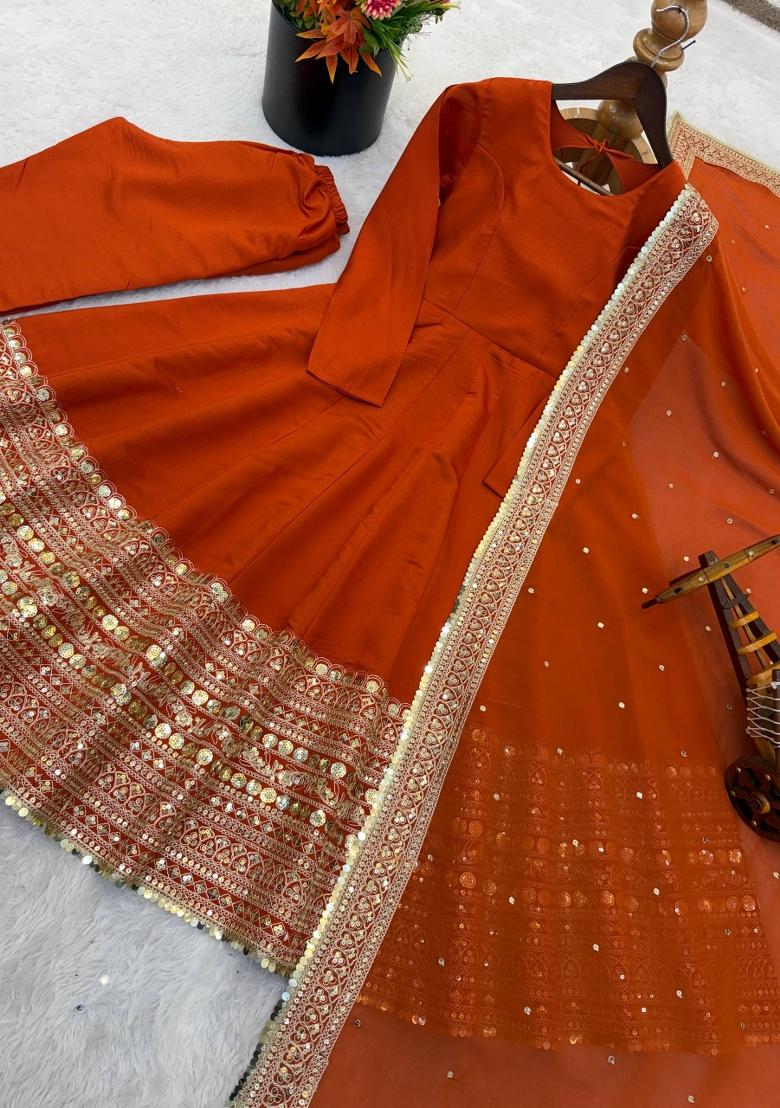 Orange Embroidered Cotton Kurta Set - Indya