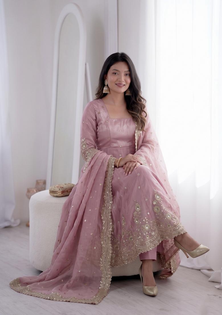Baby Pink Embroidered Cotton Kurta Set - Indya