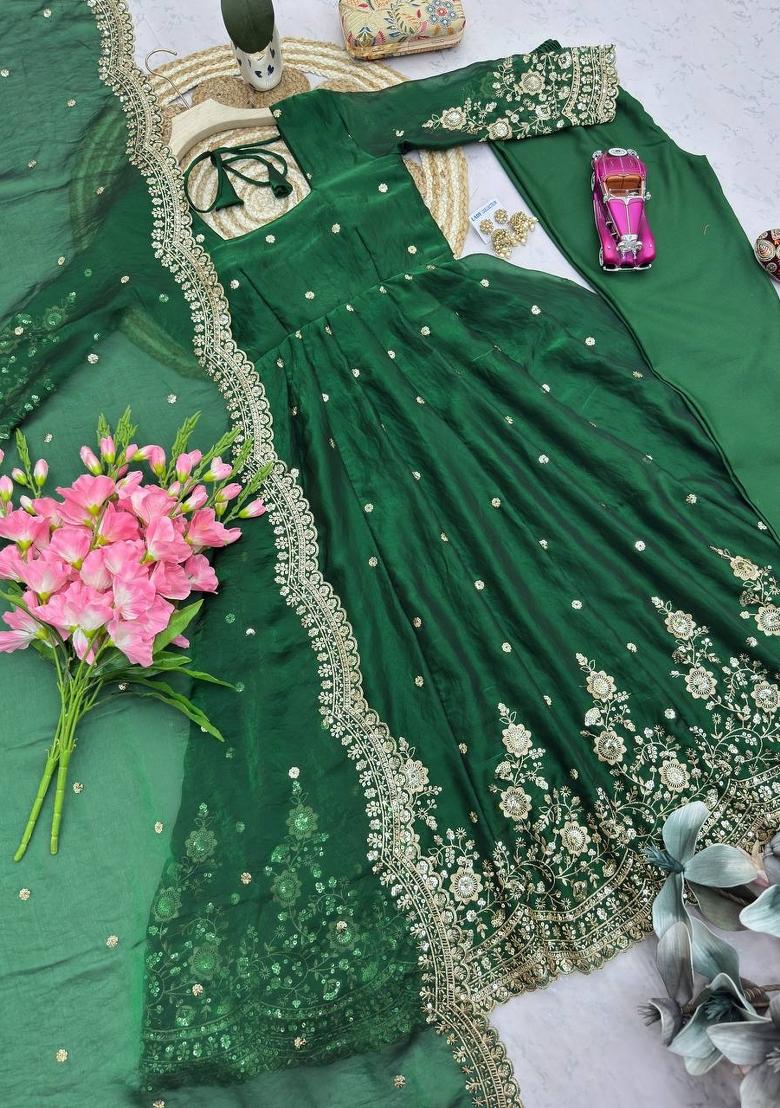 Green Embroidered Cotton Kurta Set - Indya
