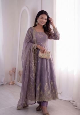 Lavender Embroidered Cotton Kurta Set