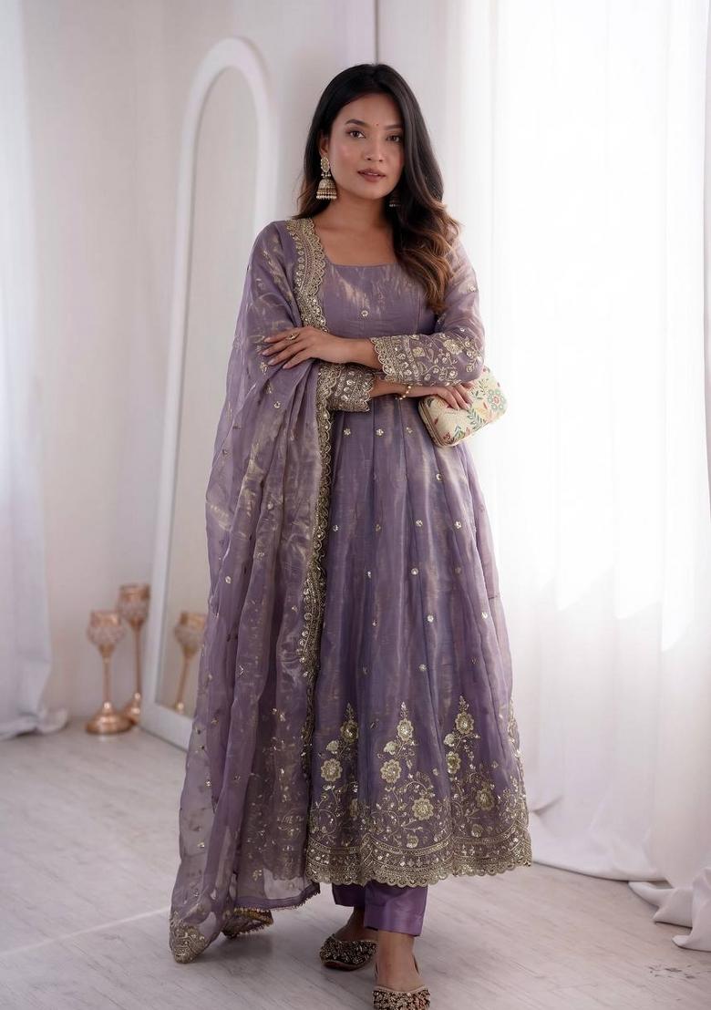 Lavender Embroidered Cotton Kurta Set - Indya