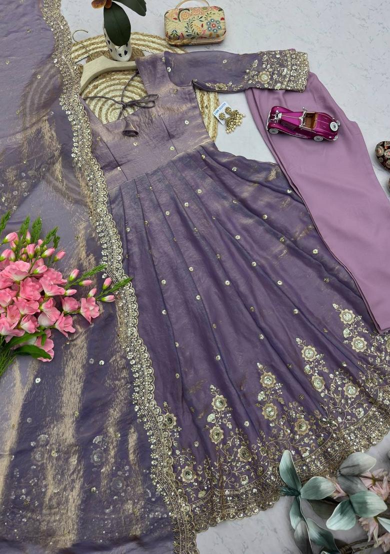 Lavender Embroidered Cotton Kurta Set - Indya