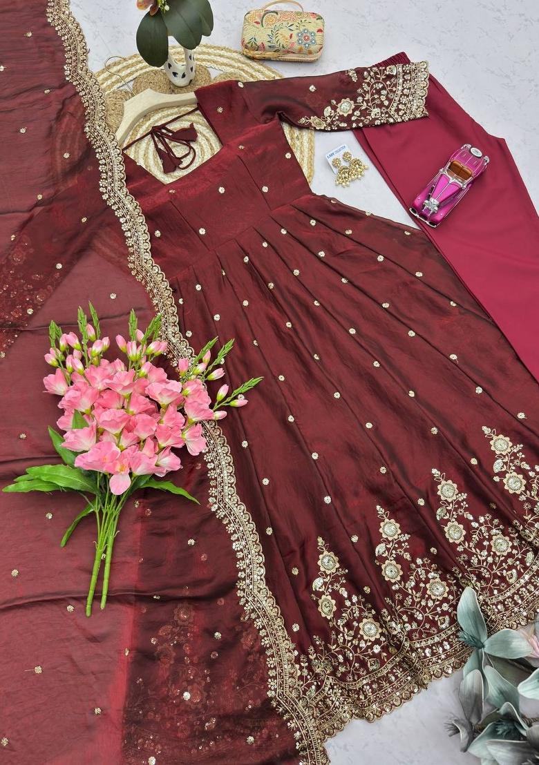 Maroon Embroidered Cotton Kurta Set - Indya