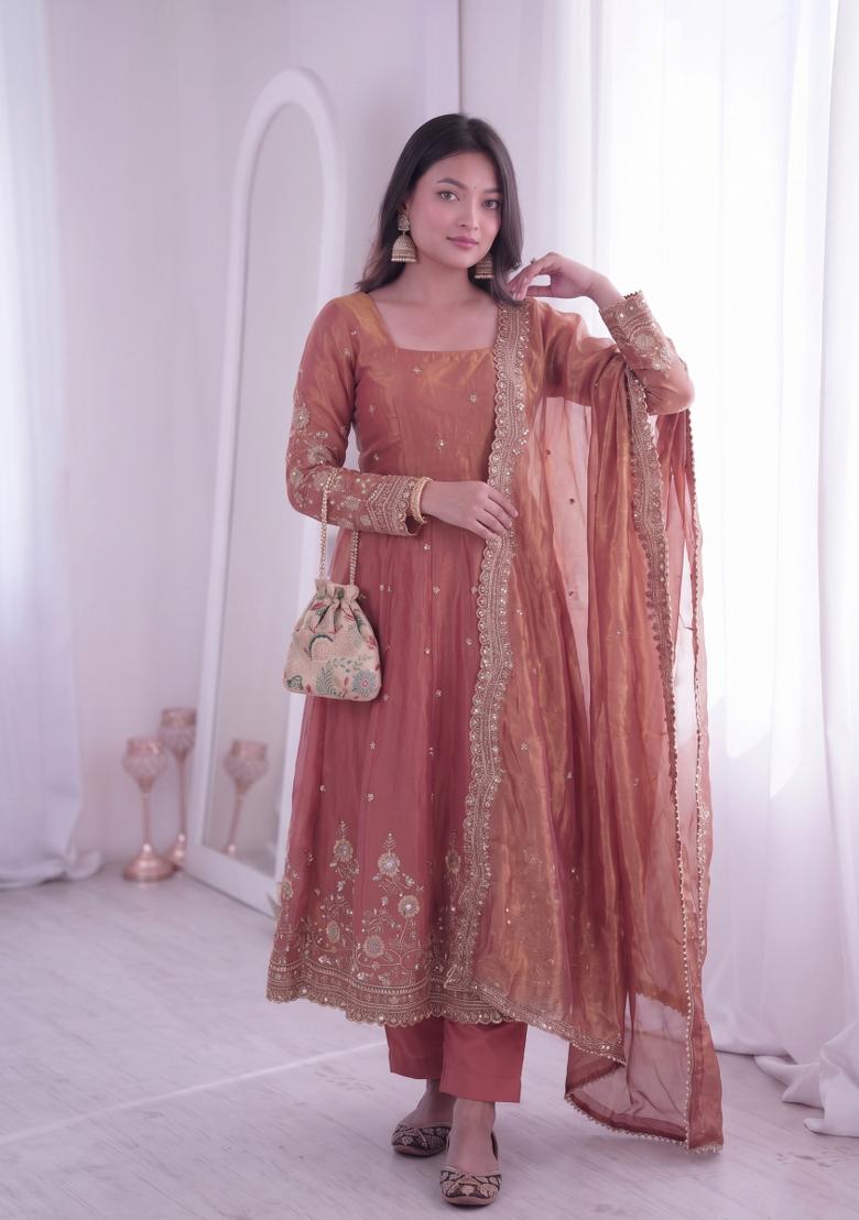 Peach Embroidered Cotton Kurta Set - Indya