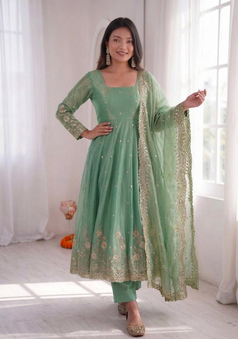 Light Green Embroidered Cotton Kurta Set - Indya