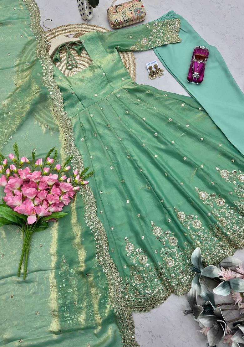 Light Green Embroidered Cotton Kurta Set - Indya