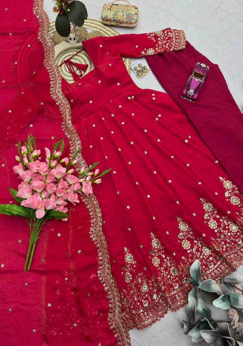 Red Embroidered Cotton Kurta Set - Indya