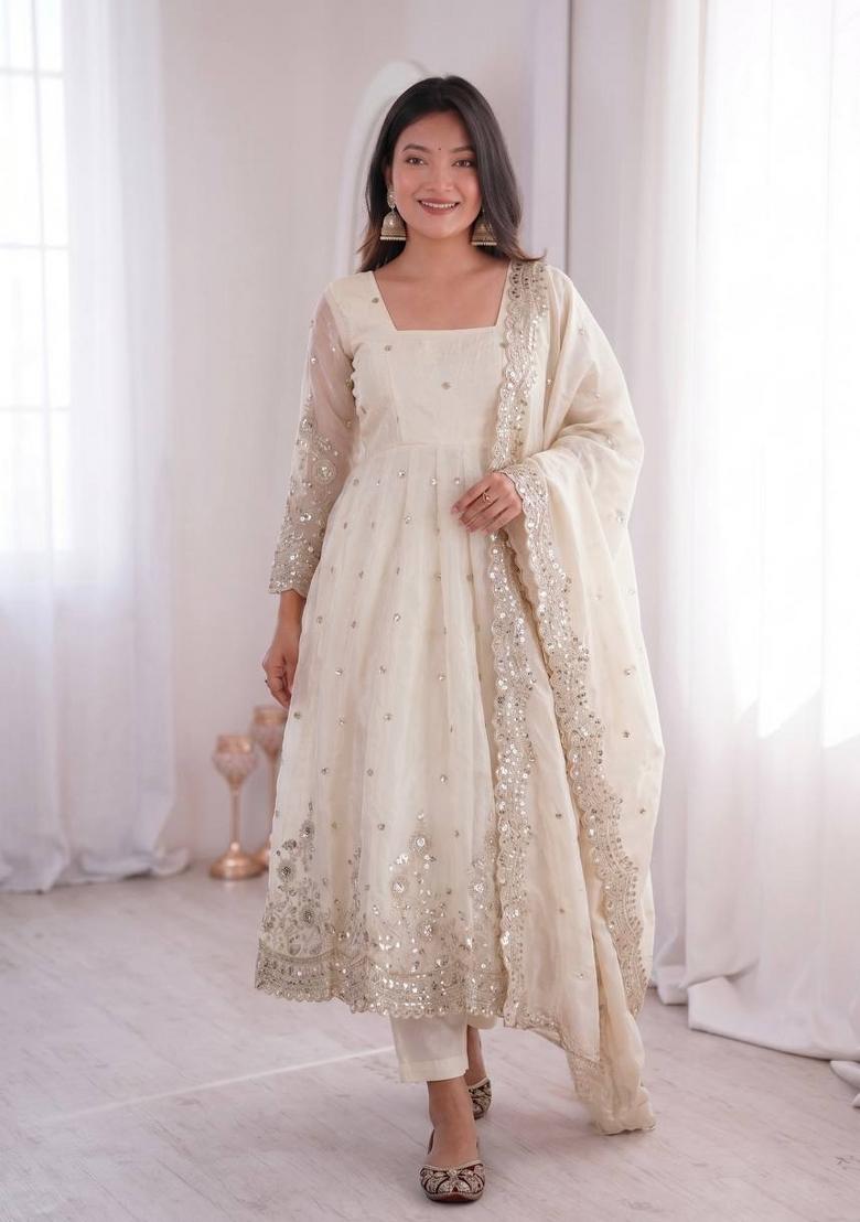 White Embroidered Cotton Kurta Set - Indya