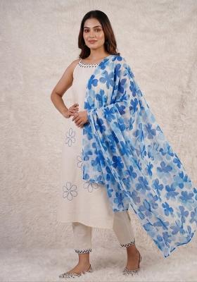 Cream Embroidered Cotton Kurta Set