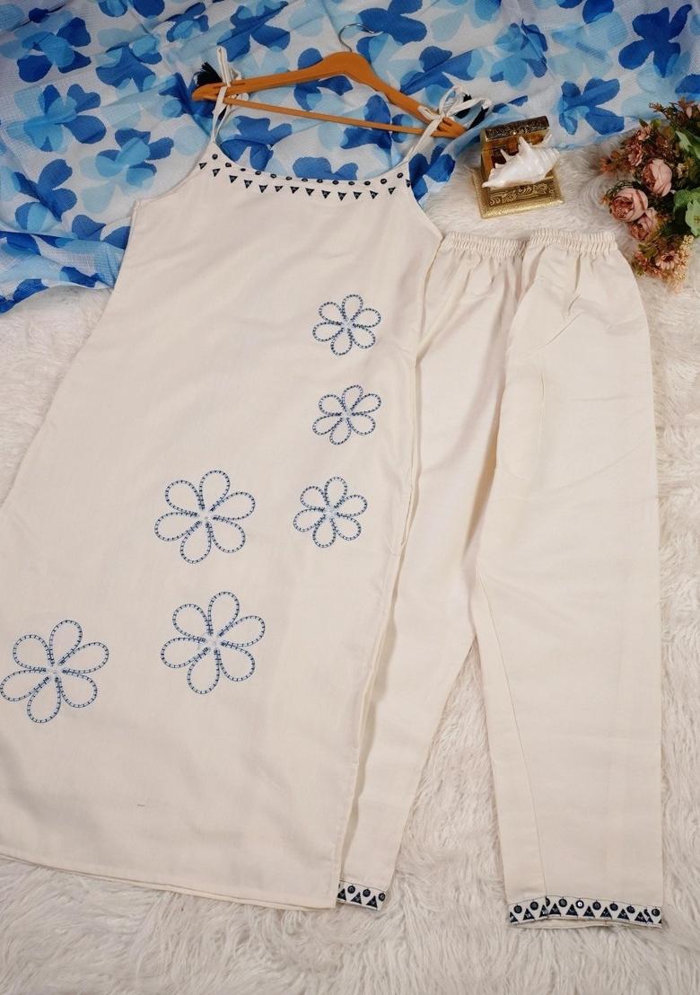 Cream Embroidered Cotton Kurta Set - Indya
