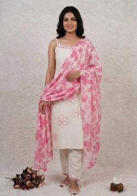 Cream Embroidered Cotton Kurta Set