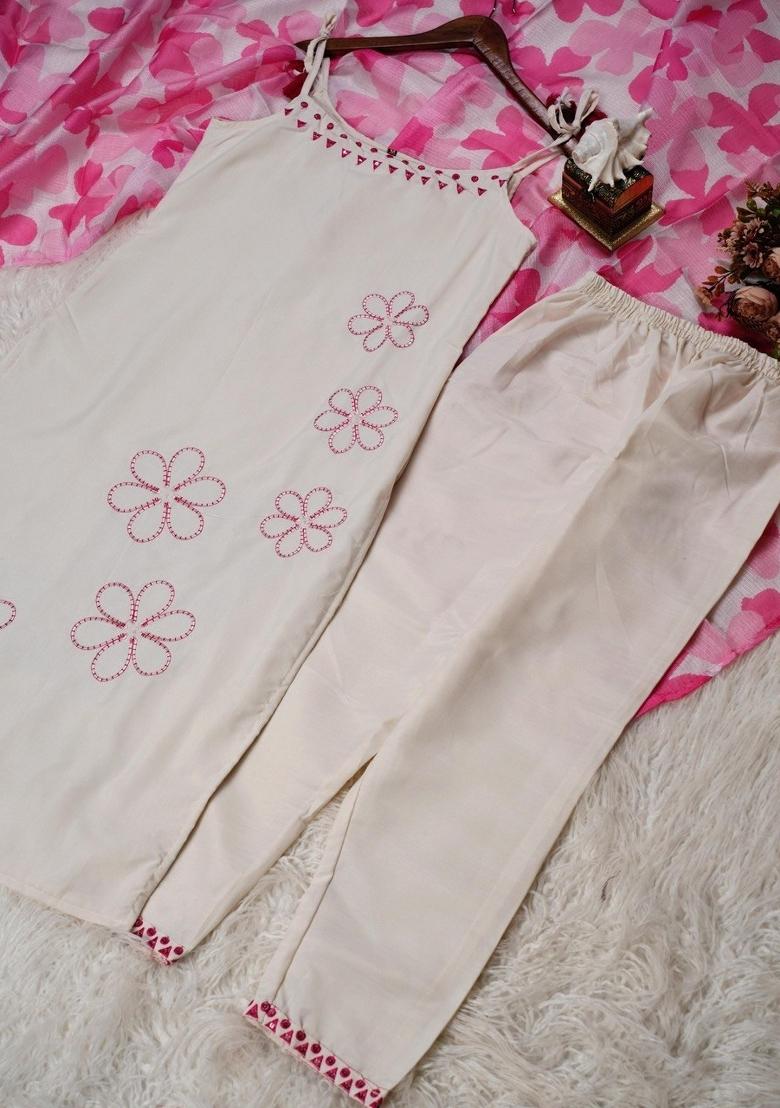 Cream Embroidered Cotton Kurta Set - Indya